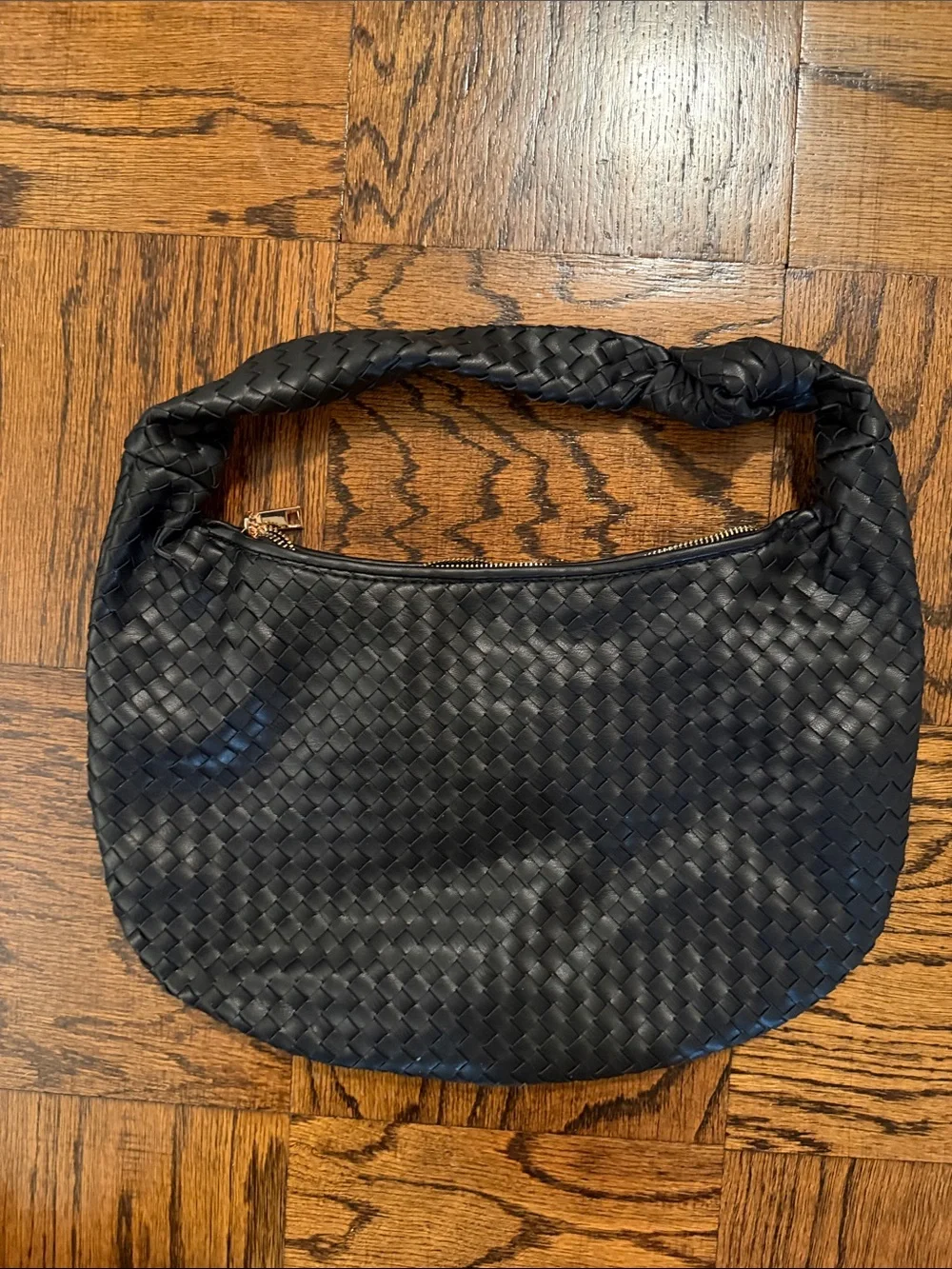 Melie Biiano Black Woven Hobo Shoulder Bag with Gold Hardware